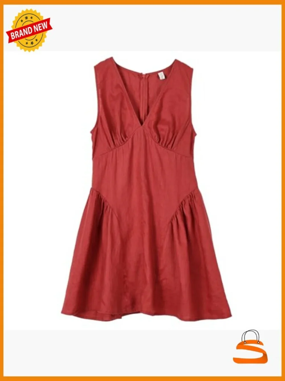 100% Linen Sleeveless Deep V-Neck Mini A-Line Dress with Zipper